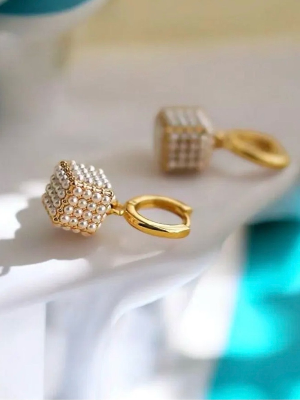 Gold Cube Pearl Drop Earrings Wedding Gift